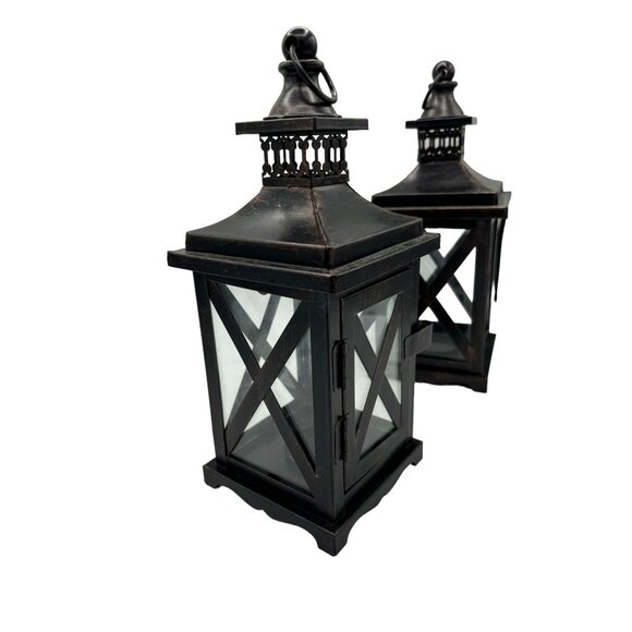2 Metal and Glass Candle Lanterns Oil Rubbed Bronze New 10" x 4" Votive Candle h - Picture 1 of 14